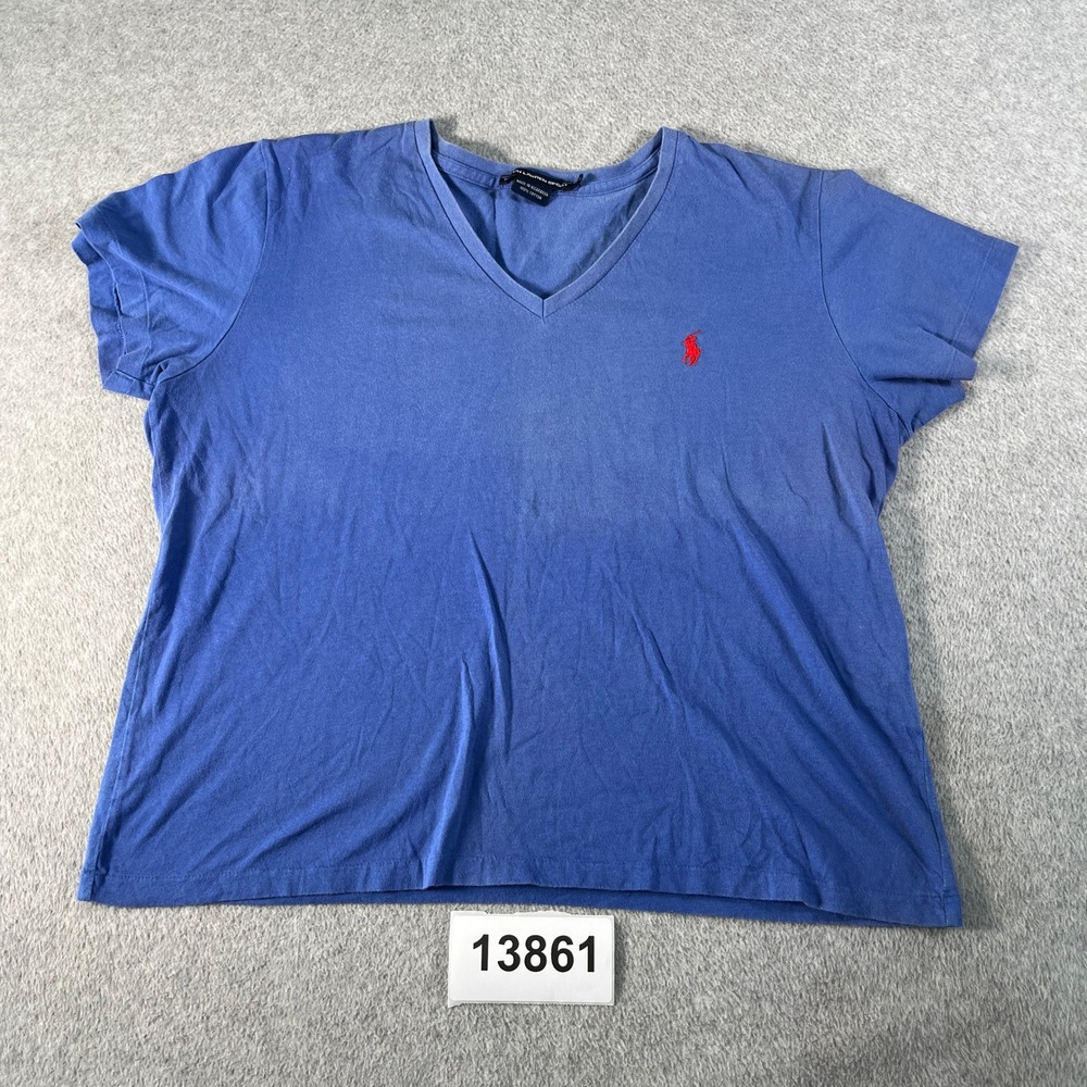 Ralph Lauren Sport T-Shirt Women XL Blue Excellent V-Neck Pony Logo Vintage